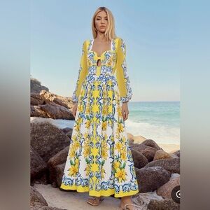 Yellow & White Floral Maxi Dress / Swimsuit with Blue Scroll Print
